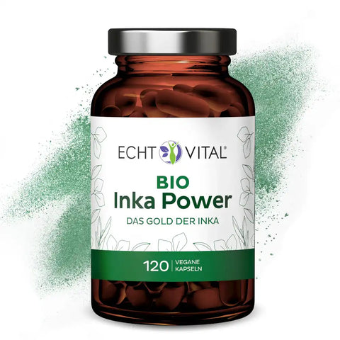 Braunes Glas mit Echt Vital Bio Inka Power Kapseln, vegane Nahrungsergänzung, 120 Stück