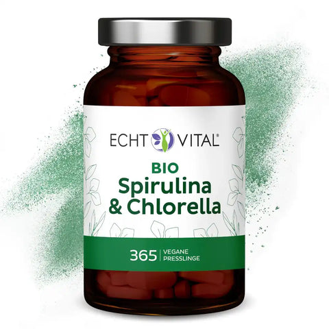 Braunes Glas mit Echt Vital Bio Spirulina & Chlorella Tabletten, vegane Presslinge, 365 Stück