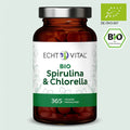 Braunes Glas mit Echt Vital Bio Spirulina & Chlorella Tabletten, Bio-Siegel, 365 vegane Presslinge