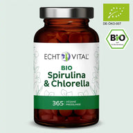 Braunes Glas mit Echt Vital Bio Spirulina & Chlorella Tabletten, Bio-Siegel, 365 vegane Presslinge