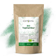 Echt Vital Bio Topinambur Pulver 300g brauner Beutel mit grünem Etikett auf weißem Hintergrund
