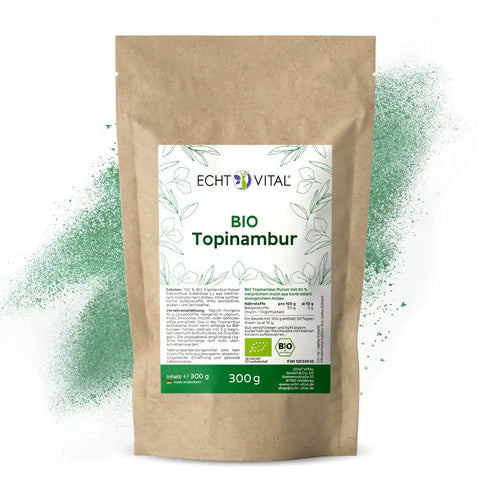 Echt Vital Bio Topinambur Pulver 300g brauner Beutel mit grünem Etikett auf weißem Hintergrund
