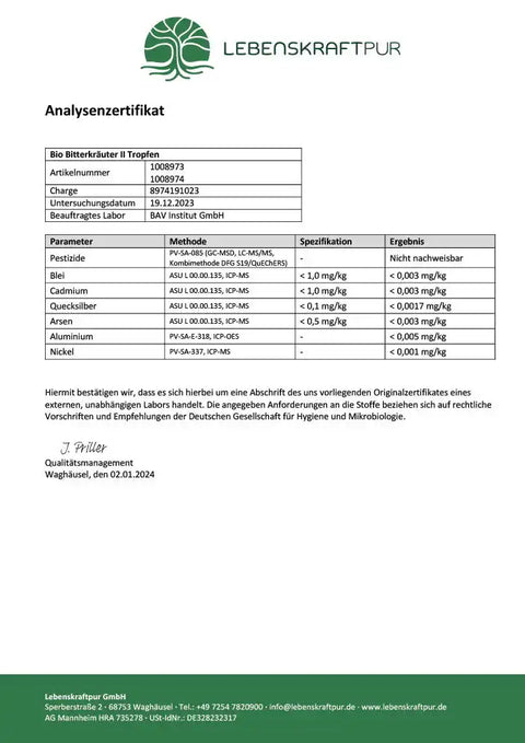 Analysenzertifikat für Bio Bitterkräuter II Tropfen mit Schadstoffanalyse von Lebenskraftpur, Laborbericht