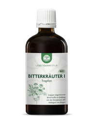 Braune Glasflasche Bio Bitterkräuter Tropfen 100ml von Lebenskraftpur mit weißem Etikett