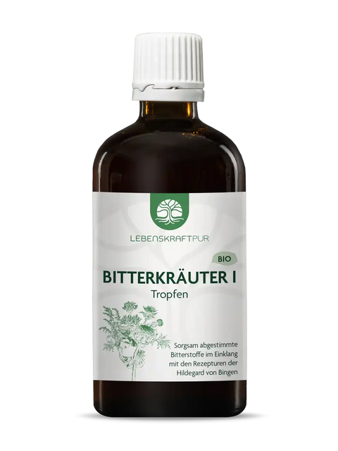 Braune Glasflasche Bio Bitterkräuter Tropfen 100ml von Lebenskraftpur mit weißem Etikett