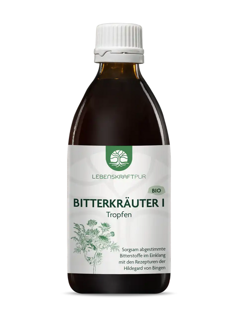 Bio Bitterkräuter Tropfen 200ml Lebenskraftpur, braune Glasflasche mit weißem Etikett