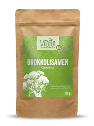 Bio Brokkolisamen Gekeimt 350g Vitanur Verpackung, grüne Tüte mit Brokkoli-Motiv