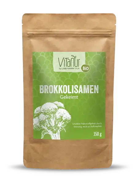 Bio Brokkolisamen Gekeimt 350g Vitanur Verpackung, grüne Tüte mit Brokkoli-Motiv