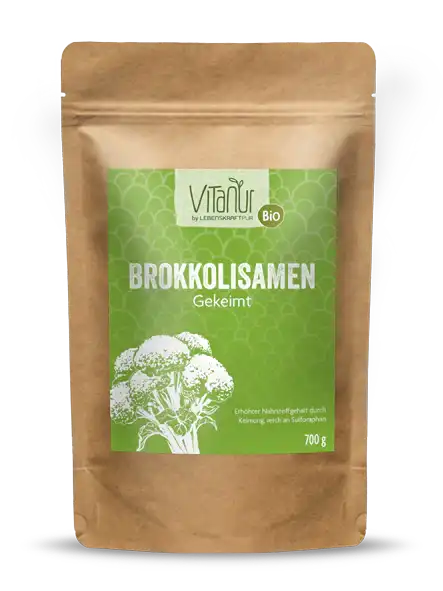 Bio Brokkolisamen gekeimt 700g Vitanur im braunen Standbeutel mit grünem Etikett