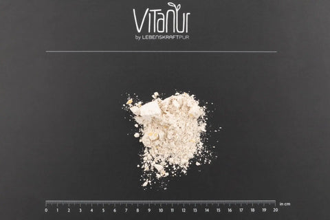 Bio Brotbackmischung von Vitanur LebensKraftPur, Pulver auf schwarzem Hintergrund mit Maßskala