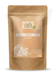 Vitanur Bio Buchweizenmehl Gekeimt 500g in brauner Verpackung mit pflanzlichem Motiv