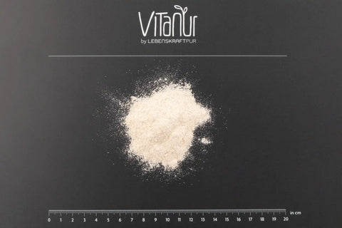 Bio Buchweizenmehl hell auf schwarzem Hintergrund mit VITANUR Logo und Maßstab