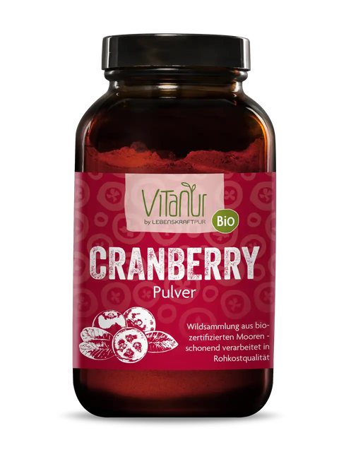 Vitanur Bio Cranberry Pulver 100g im braunen Glas mit rotem Etikett und Cranberry-Illustration