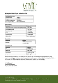 Analysenzertifikat für Bio Cranberry Pulver mit Schadstoff-, Mikrobiologie- und Schwermetallwerten.