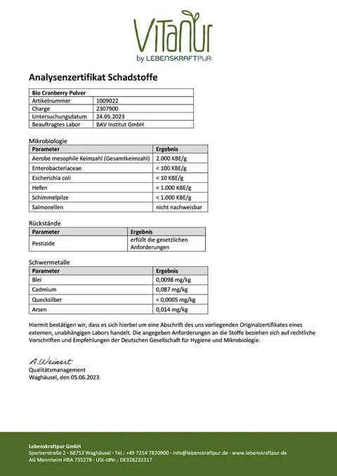 Analysenzertifikat für Bio Cranberry Pulver mit Schadstoff-, Mikrobiologie- und Schwermetallwerten.
