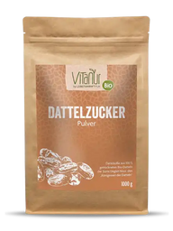 Vitanur Bio Dattelzucker Pulver 1000g in brauner Verpackung, Produktfoto