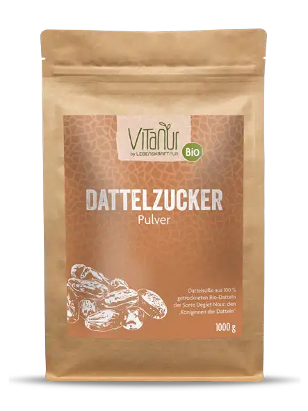Vitanur Bio Dattelzucker Pulver 1000g in brauner Verpackung, Produktfoto