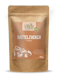 Vitanur Bio Dattelzucker Pulver 500g im braunen Standbeutel, Produktfoto, Etikett mit Datteln