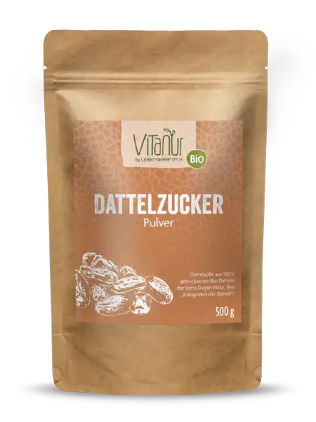 Vitanur Bio Dattelzucker Pulver 500g im braunen Standbeutel, Produktfoto, Etikett mit Datteln