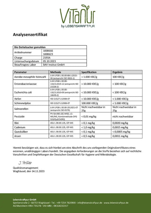 Analysenzertifikat Bio Dattelzucker gemahlen von VitaNut, Laborwerte und Schadstoffanalyse