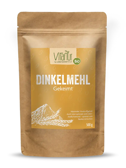Vitanur Bio Dinkelmehl gekeimt 500g Packung aus braunem Papier mit goldgelbem Etikett