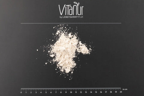 Bio Dinkelmehl Pulver auf schwarzem Hintergrund mit Zentimeterskala und VitaNur Logo