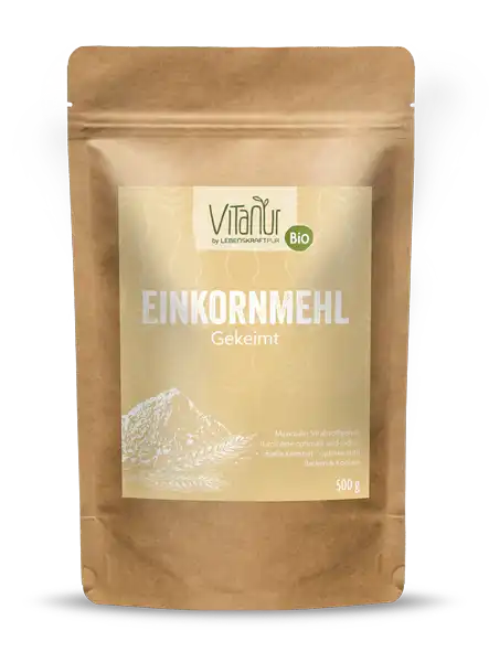 Bio Einkornmehl gekeimt 500g Vitanur Standbeutel, naturbraune Verpackung, Produktfoto