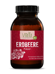 Vitanur Bio Erdbeere Pulver 150g in braunem Glas, rote Etikette, Erdbeerzeichnung