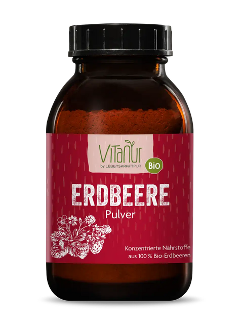 Vitanur Bio Erdbeere Pulver 150g in braunem Glas, rote Etikette, Erdbeerzeichnung