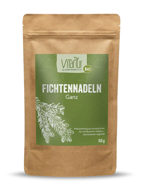Vitanur Bio Fichtennadeln Ganz 150g im braunen Kraftpapierbeutel, grünes Etikett