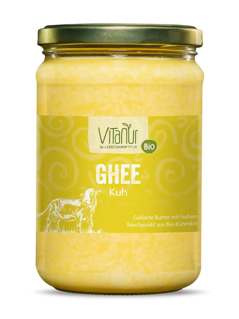 Vitanur Bio Ghee Kuh 500g Glas mit gelbem Etikett und Kuh-Illustration, geklärte Butter