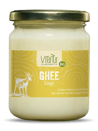 Bio Ghee Ziege im 200g Glas von Vitanur, gelbe Etikett mit Ziegenmotiv