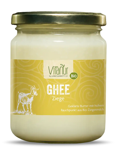 Bio Ghee Ziege im 200g Glas von Vitanur, gelbe Etikett mit Ziegenmotiv
