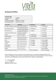 Analysenzertifikat für Bio Ghee Ziege von VITANUR mit Laborergebnissen und Tabelle