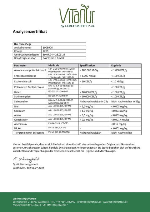 Analysenzertifikat für Bio Ghee Ziege von VITANUR mit Laborergebnissen und Tabelle