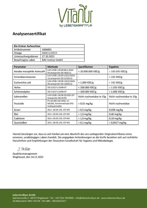 Analysenzertifikat für Bio Grüner Aufwachtee mit Laborergebnissen und Lebenskraftpur Logo