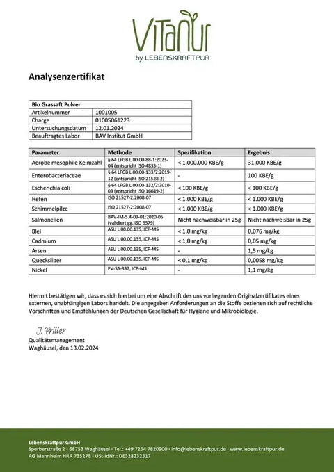 Analysezertifikat Bio Grasssaft Pulver, Schadstoff- und Mikrobiologie-Test, Laborergebnisse