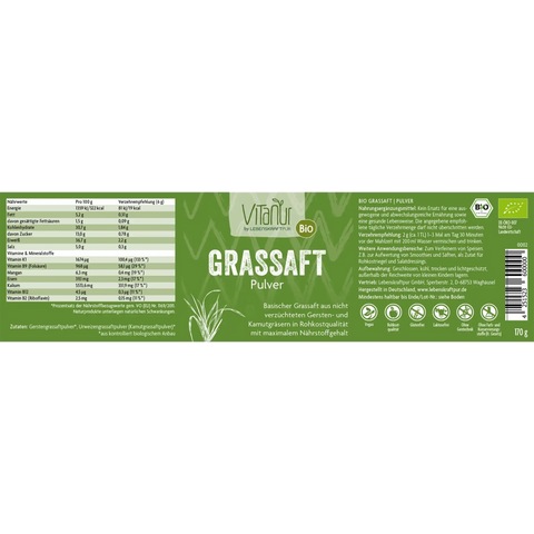 VitaNUR Bio Grasssaft Pulver 170g Etikett, grüne Verpackung, Nährwerte, Zutaten, vegan