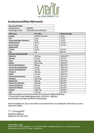 Analysezertifikat Nährwerte Bio Grassaft Pulver von Vitanur mit Tabellen für Vitamine, Mineralstoffe und Nährstoffe