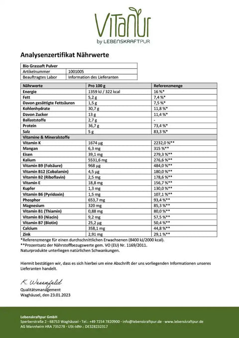 Analysezertifikat Nährwerte Bio Grassaft Pulver von Vitanur mit Tabellen für Vitamine, Mineralstoffe und Nährstoffe