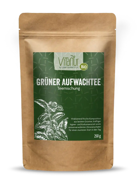 Vitanur Bio Grüner Aufwachtee 250g im braunen Standbeutel mit grünem Etikett