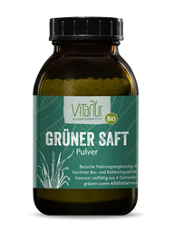 Braunes Glas mit Vitanur Bio Grüner Saft Pulver, grünes Etikett, Superfood, Nahrungsergänzung