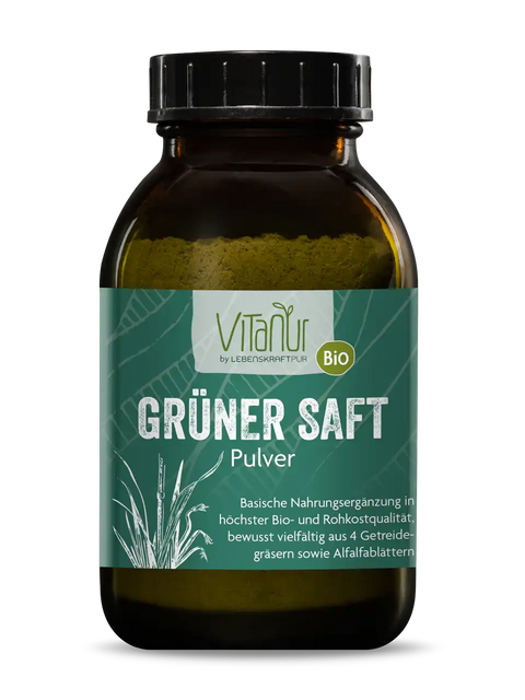 Braunes Glas mit Vitanur Bio Grüner Saft Pulver, grünes Etikett, Superfood, Nahrungsergänzung