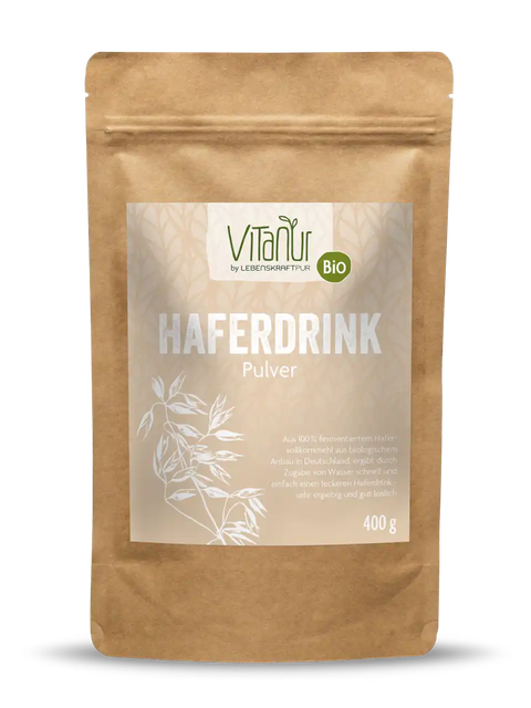 Bio Haferdrink Pulver 400g Vitanur Verpackung, brauner Beutel mit Hafermotiv und Label
