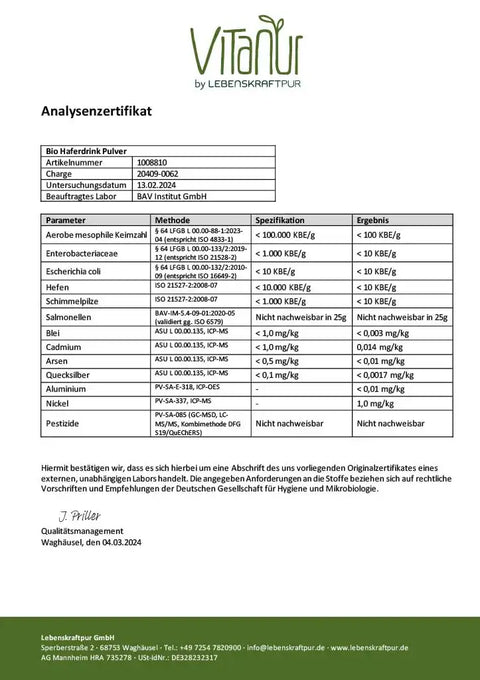Analysenzertifikat Bio Haferdrink Pulver mit Laborwerten und Vitanür Logo
