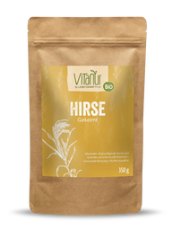 Vitanur Bio Hirse Gekeimt 350g Beutel, braune Verpackung mit gelbem Etikett und Getreidegrafik