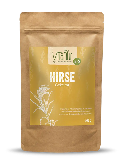 Vitanur Bio Hirse Gekeimt 350g Beutel, braune Verpackung mit gelbem Etikett und Getreidegrafik