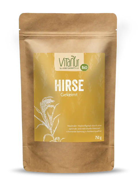 Bio Hirse gekeimt 750g Vitanur im braunen Beutel, Produktverpackung vor weißem Hintergrund