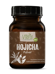 Braunes Glas mit Bio Hojicha Pulver von Vitanur, gerösteter Grüntee aus Japan, 80g Dose