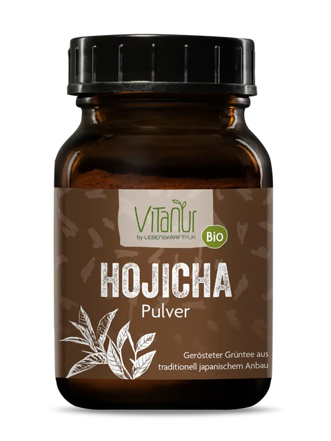 Braunes Glas mit Bio Hojicha Pulver von Vitanur, gerösteter Grüntee aus Japan, 80g Dose